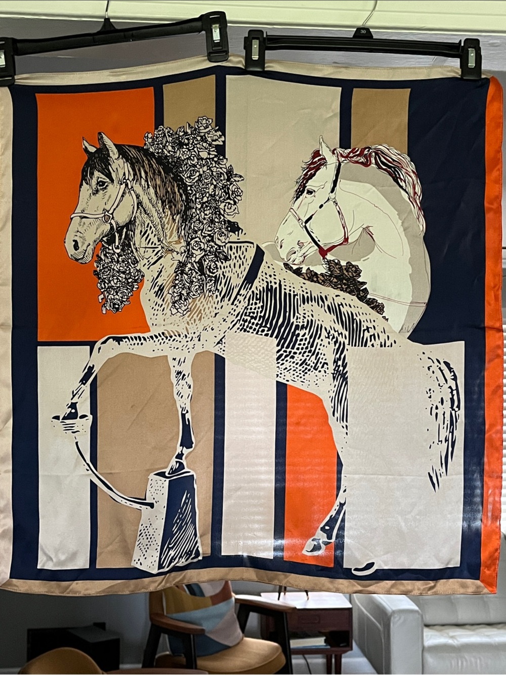 Equestrian Silk Scarf Print - Beige, Orange & Black